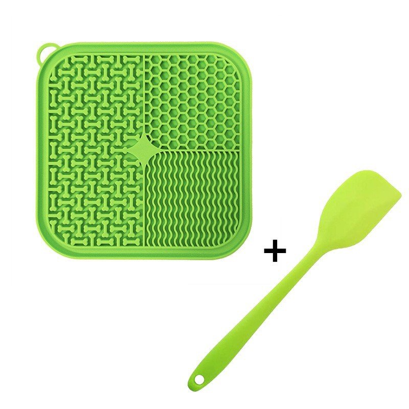 Green silicone lick mat with suction cups and spatula