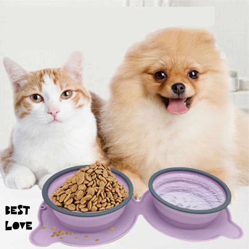 Portable Silicone Double Dog Food Bowls Foldable Non-Slip Cat Bowl Pet Travel...